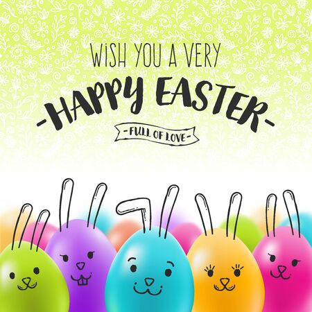 Easter greeting card with eggs and hand drawn rabbits - Vector illustrationのイラスト素材