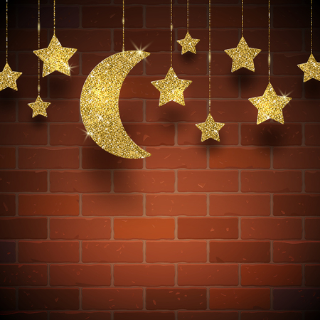 Glitter gold stars and moon on a brick wall texture background - vector illustrationのイラスト素材