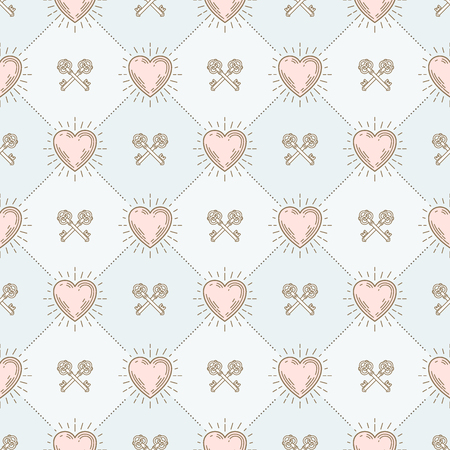 Vector seamless background with sunburst hearts and crossed vintage keys - pattern for wallpaper, wrapping paper, book flyleaf, envelope inside, etc.のイラスト素材