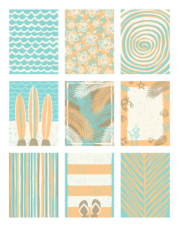 Set of summer holidays and tropical vacation hand drawn posters or greeting card. Vector illustration.のイラスト素材