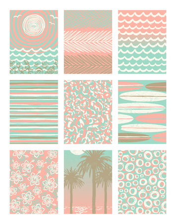 Vector set of summer holidays and tropical vacation hand drawn posters or greeting card.のイラスト素材