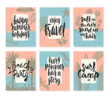 Set of tropical vacation and summer holidays hand drawn posters or greeting card with handwritten calligraphy quotes, phrase and words. Vector illustration.のイラスト素材