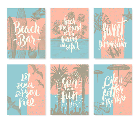 Vector illustration. Set of tropical vacation and summer holidays hand drawn posters or greeting card with handwritten calligraphy quotes, phrase and words.のイラスト素材