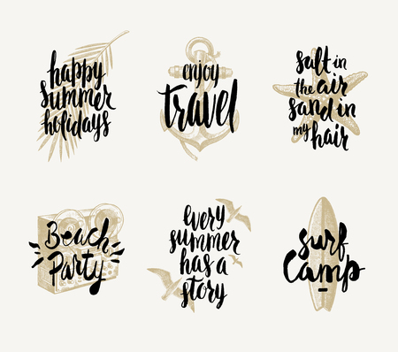 Set of summer holidays and tropical vacation hand drawn vector illustration with handwritten calligraphy quotes, phrase and words.のイラスト素材