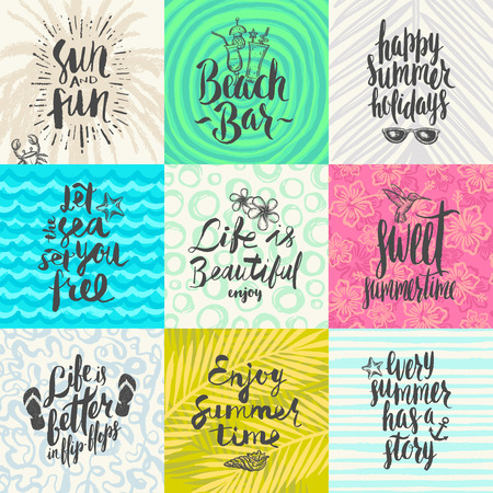 Set of summer holidays and tropical vacation hand drawn posters or greeting card with handwritten calligraphy quotes, phrase and words. Vector illustrationのイラスト素材