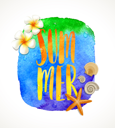 Summer holidays illustration - tropical flowers, starfish and sea shells on a watercolor with calligraphy.のイラスト素材