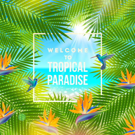 Welcome to summer paradise - Summer holidays and vacation illustration. Background with palm tree branches, tropical flowers and hummingbird.のイラスト素材