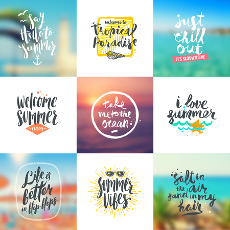 set of summer travel and vacation calligraphy design on a blurred backgrounds.のイラスト素材