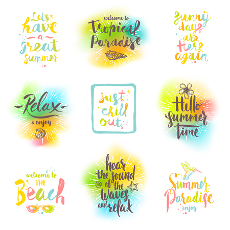 Set of summer holidays and tropical vacation calligraphy greetings. illustration.のイラスト素材