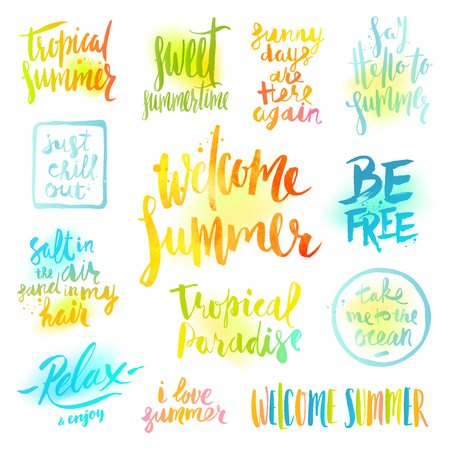 set of  calligraphy. Summer holidays and vacation greetings, quotes and phrases.のイラスト素材