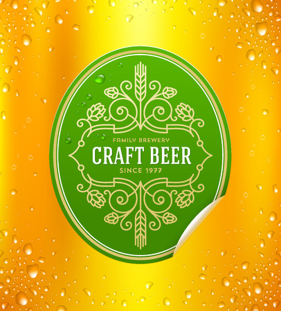 Green beer label with flourishes emblem on a yellow beer glass background - vector illustrationのイラスト素材