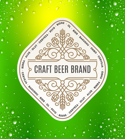 Beer label with flourishes emblem on a green beer glass background - vector illustrationのイラスト素材
