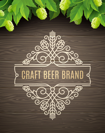 Green hops and flourishes beer emblem on a wooden plank background - vector illustrationのイラスト素材