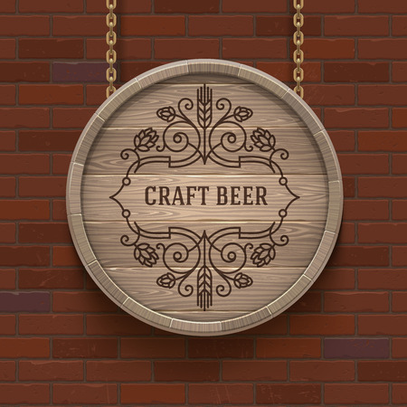 Wooden cask signboard with flourishes beer emblem - vector design illustrationのイラスト素材