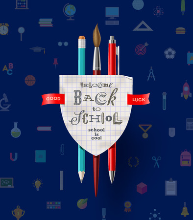 Back to school - vector coat of arms with stationery items.のイラスト素材