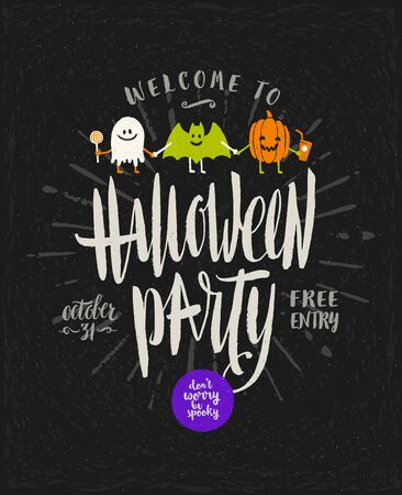 Halloween vector hand drawn illustration. Invitation or greeting card with Halloween sign and symbols and calligraphy.のイラスト素材