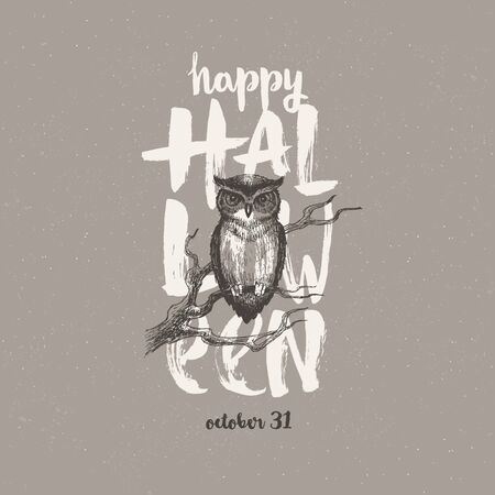 Halloween vector illustration with hand drawn greeting and owl.のイラスト素材