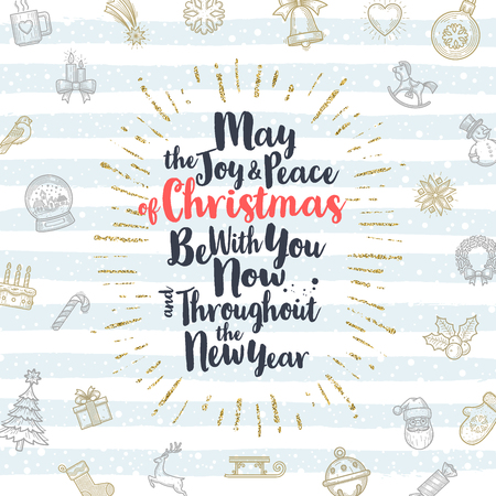 Christmas greeting card with calligraphic type design, glitter gold  sunburst and Christmas sign and symbols.のイラスト素材