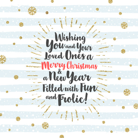 Christmas greeting card with calligraphic type design, glitter gold  sunburst and snowflakesのイラスト素材