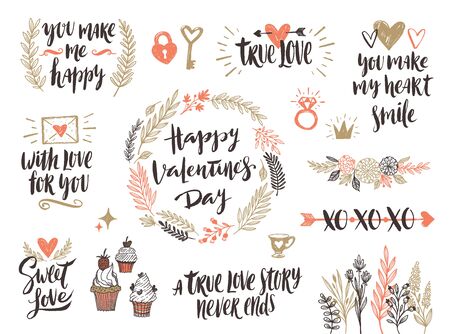 Valentine's day hand drawn calligraphy and illustration vector setのイラスト素材