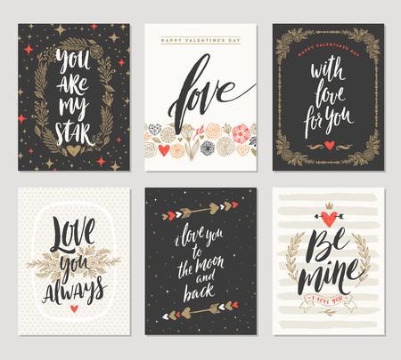Vector set of Valentine's Day hand drawn posters or greeting card with handwritten calligraphy quotes, phrase and illustrations.のイラスト素材