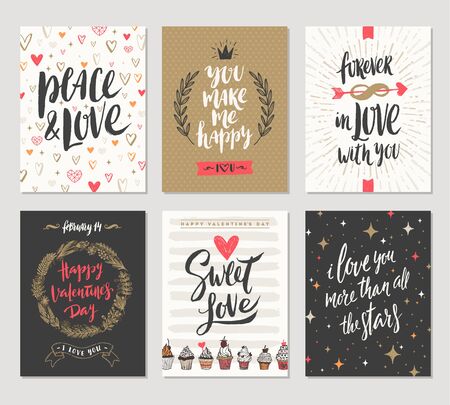 Vector set of Valentine's Day hand drawn posters or greeting card with handwritten calligraphy quotes, phrase and illustrations.のイラスト素材