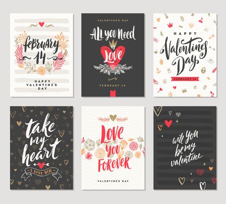 Vector set of Valentine's Day hand drawn posters or greeting card with handwritten calligraphy quotes, phrase and illustrations.のイラスト素材