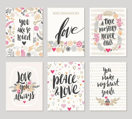 Vector set of Valentine's Day hand drawn posters or greeting card with handwritten calligraphy quotes, phrase and illustrations.のイラスト素材