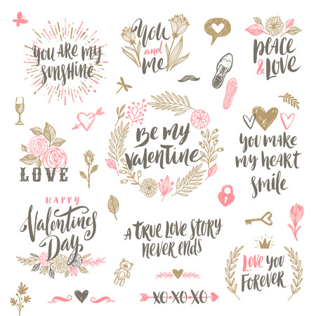 Valentine's day hand drawn calligraphy and illustration vector setのイラスト素材