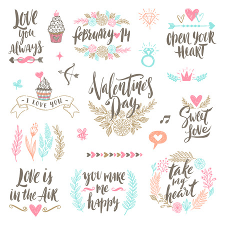 Valentine's day hand drawn calligraphy and illustration vector setのイラスト素材