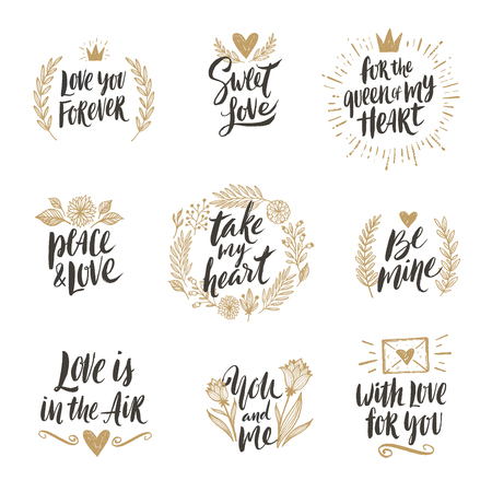 Valentine's day hand drawn calligraphy and illustration vector setのイラスト素材
