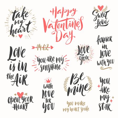Valentine's day hand drawn calligraphy and illustration vector setのイラスト素材