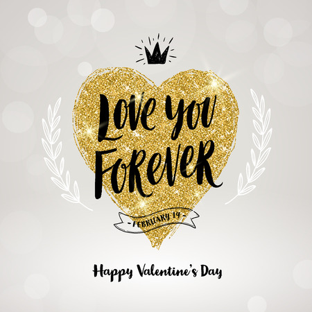 Valentine's day hand drawn calligraphy, doodle elements and glitter gold heart. Vector illustration.のイラスト素材