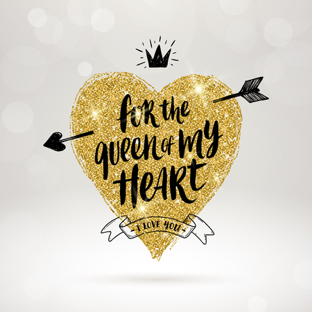 Valentine's day hand drawn calligraphy, doodle elements and glitter gold heart. Vector illustration.のイラスト素材