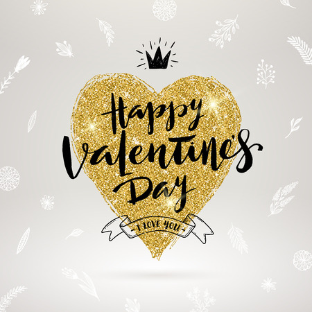 Valentine's day hand drawn calligraphy, doodle elements and glitter gold heart. Vector illustration.のイラスト素材