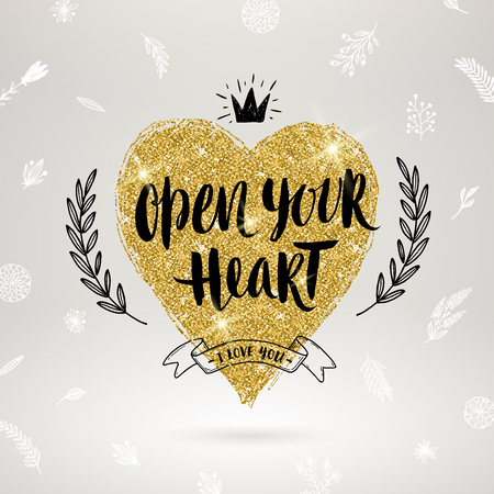 Valentine's day hand drawn calligraphy, doodle elements and glitter gold heart. Vector illustration.のイラスト素材
