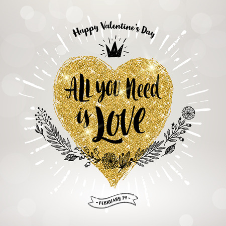 Valentine's day hand drawn calligraphy, doodle elements and glitter gold heart. Vector illustration.のイラスト素材