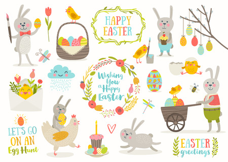 Set of cute Easter cartoon characters and design elements.のイラスト素材