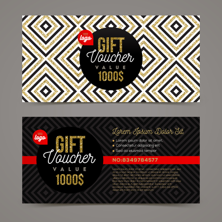 Gift voucher template with glitter gold elements. Vector illustration. Design for invitation, certificate, gift coupon, ticket, voucher, diploma etc.のイラスト素材