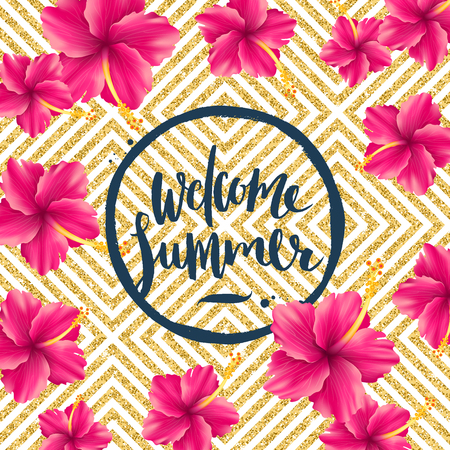Welcome summer - glitter gold geometric background with tropical flowers and brush calligraphy greeting. Vector illustration.のイラスト素材
