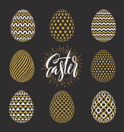 A set of Easter eggs decorated with glitter gold and brush calligraphy greeting. Vector illustrationのイラスト素材