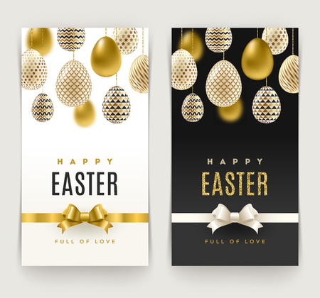 Easter greeting cards with Eggs decorated with gold. Vector Illustration.のイラスト素材