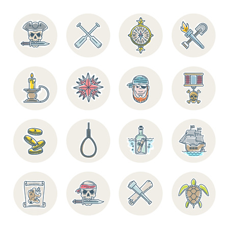 Pirate vector set  line drawn different objects, items, signs and symbols.のイラスト素材