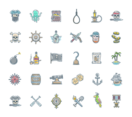 Pirate vector set - line drawn different objects, items, signs and symbolsのイラスト素材