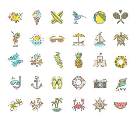Line drawing vector icons - Summer vacation, holidays and travel objects, items, signs and symbolsのイラスト素材