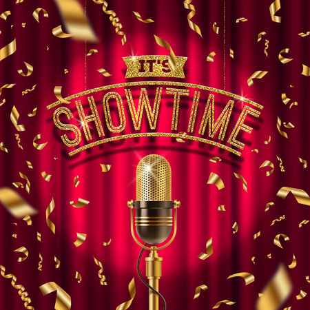 It's Showtime golden signboard and Retro microphone on stage in spotlight against the background of red curtain and golden confetti. Vector illustration.