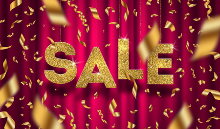 Glitter gold grand sale sign and falling golden foil confetti on a red curtain background. Vector illustration.のイラスト素材