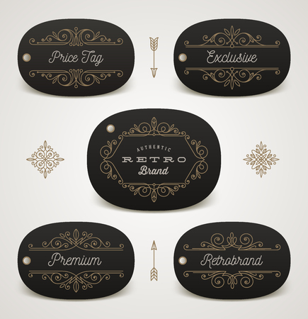 Set of price tag or brand label with flourishes decor. Vector illustration.のイラスト素材