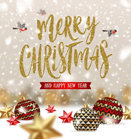 Vector Christmas greeting illustration with baubles and stars on a snow.の写真素材