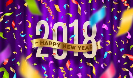 Happy New year 2018 greeting vector illustration. Year numbers with gold ribbon and multicolored confetti on a violet curtain background.の写真素材